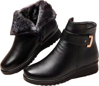 Generic Velvet Boots Made of Leather with Metal Buckle,short boots women,Winter Outdoor Warm Ankle Booties (Black-a,36)