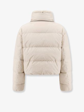 Brunello Cucinelli Womens Down Jacket With Shearling Collar, Beige Cotton