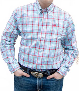 Cinch Long Sleeve Plaid Button Down In Blue