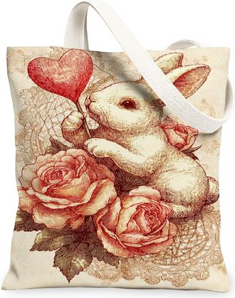 Generic Rabbit Floral Canvas Tote Bags, Cute Bunny Rose Pattern Reusable Grocery Bags, Spring Vintage Lightweight Washable Shoulder, Beige, 13x15 Inch
