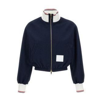 Thom Browne Bomber Jackets, female, Blue, Size: M Short Seersucker Wool Jacket