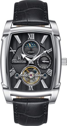 Heritor Mens Valentin Leather-Band Watch w/Date - Black & Silver Stainless Steel - One Size