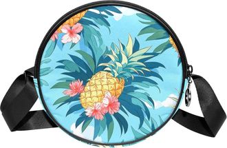 Generic Circle Crossbody Bag for Women, Pineapple Small Sling Bag Daypack with Zipper Adjustable Shoulder Straps Casual Ladies Girls Round Purse