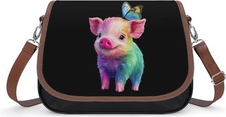 Generic Colorful Pigs with Butterfly1 Crossbody Bag Womens Handbag PU Message Bags Shoulder Purse with Adjustable Strap