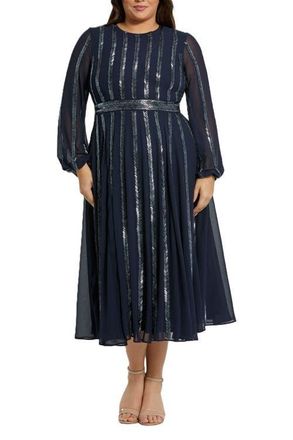 Mac Duggal Long Sheer Sleeve Beaded Dress in Midnight at Nordstrom, Size 16W