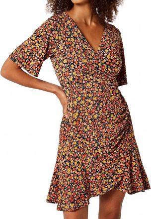 Apricot Side Ruch Graphic Ditsy Wrap Dress In Mustard