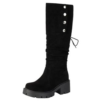 Generic Womens Casual Knee High Boots Round Toe High Block Heel Platform With Slip On Design And Metal Trim For Daily Wear