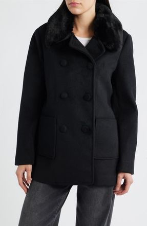 CeCe by Cynthia Steffe Faux Fur Collar Double Breasted Coat in Black at Nordstrom, Size Small