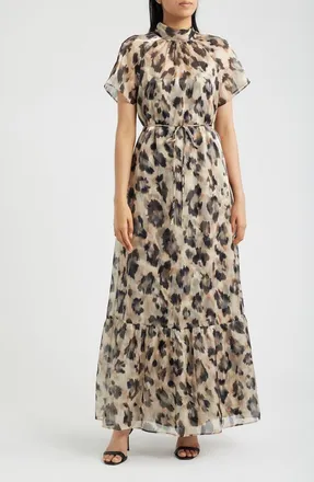 Julia Jordan Print Tie Waist Organza Gown in Black Multi at Nordstrom, Size 10