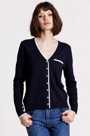 Minnie Rose V Neck Cardigan With Tipping In Navy/white