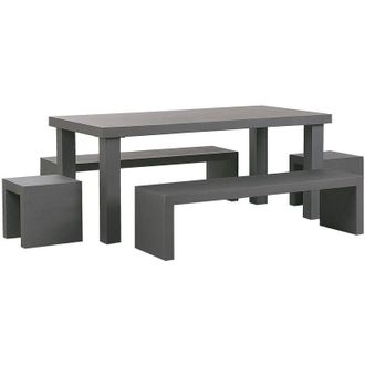 Beliani Conjunto De Comedor De Jard&iacute;n Mesa Rectangular De Cemento Reforzado Gris 2 Bancos Con Forma De U 2 Taburetes 6 Plazas Resistente Al Agua Taranto
