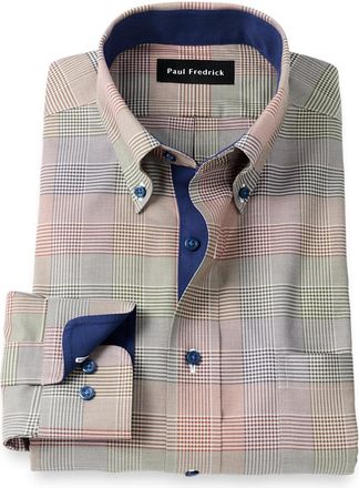 Paul Fredrick Comfort Stretch Non-iron Plaid Dress Shirt With Contrast Trim