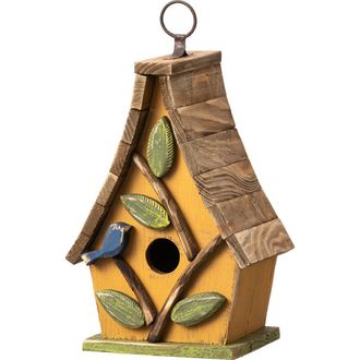 Glitzhome 9.5H Distressed Solid Wood Birdhouse with 3D Leaves in Yellow at Nordstrom, Size Medium