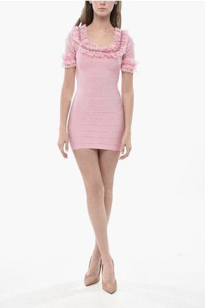 Self Portrait Stretch Fabric Minidress with Lace Ruffle Details size 38