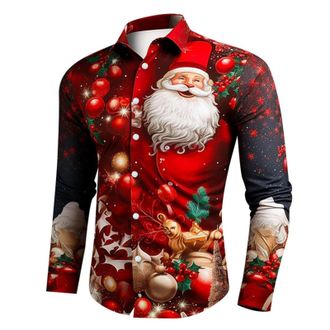 Generic Mens Christmas Reindeer 3D Print Shirt Long Sleeve Button Up Casual Shirt Fun Festive Holiday Party Shirt with Button Down Collar for Christmas Outfit