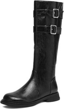 Generic Womens Stylish Leather Knee-High Boots Round Toe Buckle Side Zip Cushioned Insole Comfortable Non Slip Daily Casual Streetwear Party Shoes,Black,4.5 U