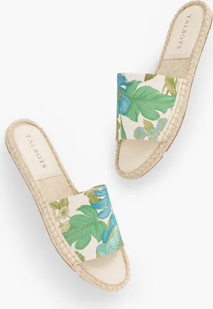 Talbots Ilyssa Canvas Espadrille Slides - Floral - Cool Beige - 10 1/2 M - 100% Cotton Talbots