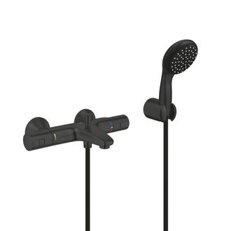 GROHE Conjunto De Mezclador Termost&aacute;tico Para Ba&ntilde;o Y Ducha + Teleducha De 2 Chorros + Soporte Mural + Flexo De 1750 Mm, Negro Mate