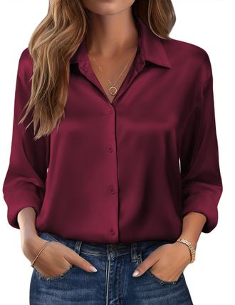 Zeagoo Womens Satin Blouse V-Neck Long Sleeve Elegant Satin Blouses Casual Top Long Sleeve Shirt Business Shirt, wine red, M