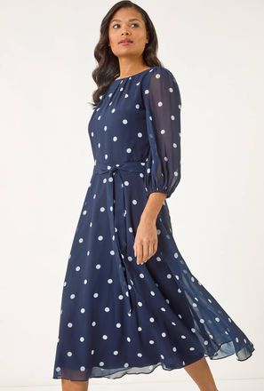 Roman Spot Print Chiffon Pleated Midi Dress