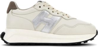 Hogan Witte Sneakers Paneelontwerp Metallic Afwerking - Dames - Sneakers - Wit - 40 EU - Leer - Schoenen