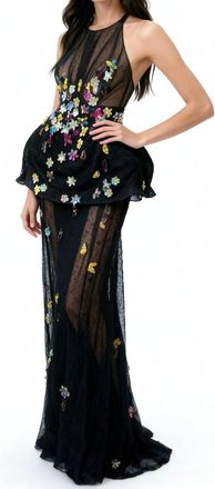 Isabel Sanchis Sheer Lace 3D Floral Embellishments Gown In Black