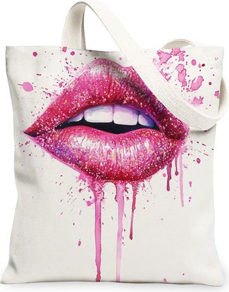 Generic Lip Print Canvas Tote Bags, Artistic Splash Design Reusable Grocery Bags, Funky Vintage Lightweight Washable Shoulder Strap for Travel Beach 13x15 Inc