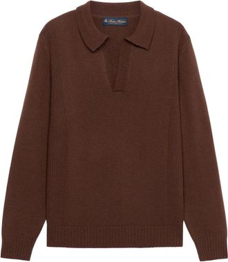Brooks Brothers Open Collar Lamswol Breipolo - Heren - V-hals truien - Bruin - L - Wol - Truien & Vesten