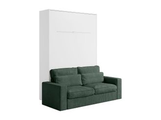 Vente-Unique Cama abatible 140 x 200 cm - Apertura vertical manual - Con LEDs - Blanco + Sof&aacute; Verde - RAPILI
