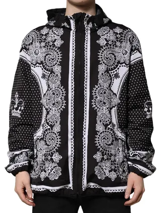 Dolce & Gabbana Mens Black Bandana Print Hooded Bomber Jacket Polyester Clothing