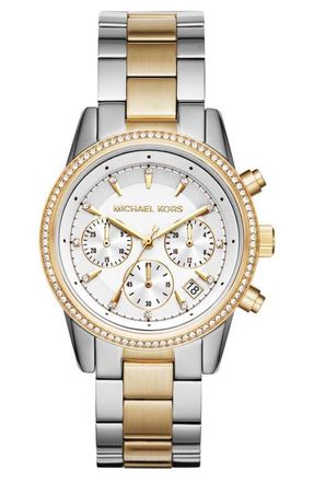 Michael Kors Ritz Chronograph Bracelet Watch, 37mm in Silver/White/Gold at Nordstrom