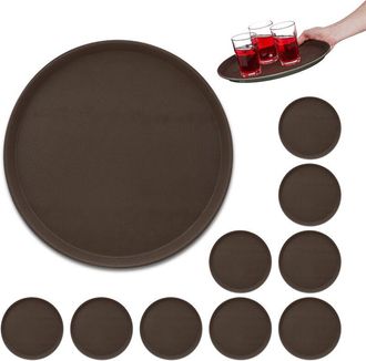 Relaxdays 10 Bandejas De Bar Redondas, 35 Cm &Oslash;, Tablas Servir Con Borde, Superficie Antideslizante, Plato Camarero, Marr&oacute;n