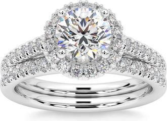 Pompeii3 F/VS 1.50Ct Halo Diamond Engagement Wedding Ring Set 14k Gold Lab Grown