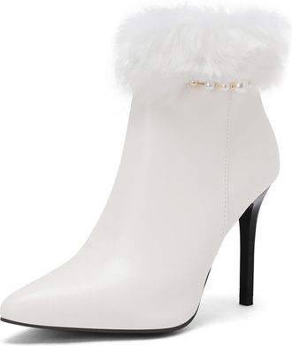 Generic Womens Elegant Pointed Toe PU Leather Ankle Boots with Fluffy Fur Trim Pearl Detail Stiletto Heels Comfortable Anti-Slip Wear-Resistant for Daily Casu