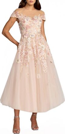 Mac Duggal Embroidered Tulle Illusion Neck Cap Sleeve Dress in Blush Multi at Nordstrom, Size 14
