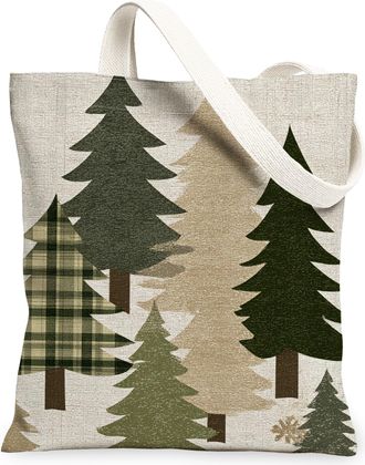Generic Rustic Trees Canvas Tote Bag, Vintage Forest Pattern Reusable Bags, Winter Eco-Friendly Lightweight Washable Tote for Outdo, Green, 13x15 Inch