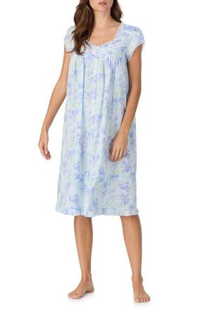 Eileen West Cap Sleeve Short Cotton Nightgown in Aqua Flower at Nordstrom, Size X-Small