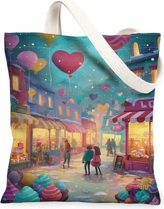 Generic ValentineS Heart Canvas Tote Bags, Colorful Balloon Pattern Reusable Grocery Bags, Lightweight Washable Shoulder Strap for, Colorful, 13x15 Inch