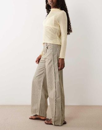 Asos Pantaloni a cavallo basso kaki a righe con linguetta in vita-Verde
