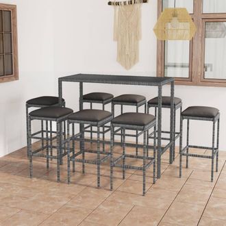 vidaXL Set Muebles Bar Jard&iacute;n 9 Piezas Y Cojines Rat&aacute;n Sint&eacute;tico Gris Vidaxl