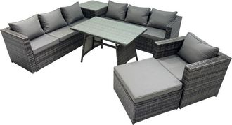Fimous Fimous Outdoor Corner Sofa Chair Dining Table Set Garden Rattan Furniture Set 8 Seater with Side Table Big Stool Dark Grey