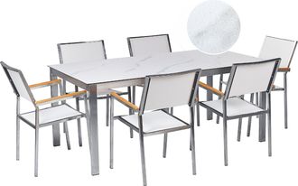 Beliani Conjunto De Jard&iacute;n Moderno 6 Plazas De Acero Inoxidable Mesa Comedor Tablero De Vidrio Efecto M&aacute;rmol Sillas De Textileno Blanco Cosoleto/grosseto