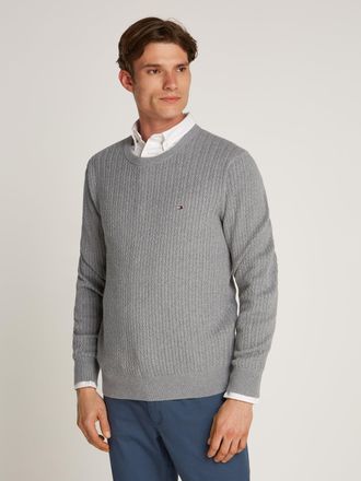 Tommy Hilfiger Strickpullover TOMMY HILFIGER HERRINGBONE STRUCTURE C NK, Herren, Gr. L, grau (medium grau), Strick, Obermaterial: 100% Baumwolle, meliert, regular fi
