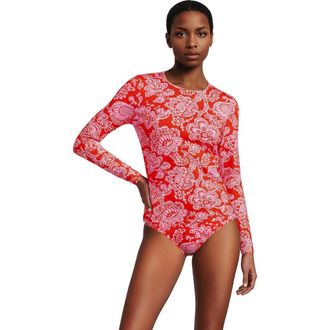 Lands End Plus Size Crew Neck Long Sleeve Rash Guard UPF 50 Sun Protection Swim Tee in Radiant Orange Floral Medley at Nordstrom, Size Xx-Small P