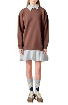 English Factory Long Sleeve Mixed Media Sweatshirt Minidress in Brown/Powder Blue at Nordstrom, Size Medium