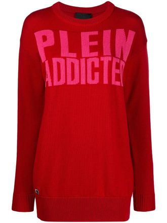 Philipp Plein logo print longline jumper - women - Wool - S - Red