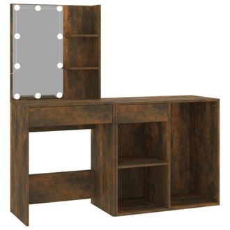 Berkfield Home LED Dressing Table with Cabinet Smoked Oak Engineered Wood in Brown