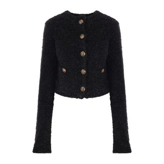 Balenciaga Cardigans, female, Black, Size: S Boucl&eacute; Cardigan with BB Logo Buttons