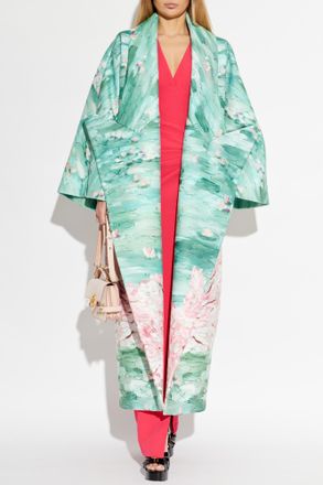 Balmain Long Coat With Floral Motif, Womens, Green
