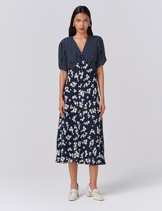 Ghost London Lulu V-neck Midi Dress in Navy Spot Floral at Nordstrom, Size 10